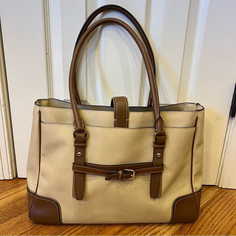 Tumi Voyageur Bailey Business Tote Shoulder Bag Leather Tan Brown Work Travel - Picture 6 of 15